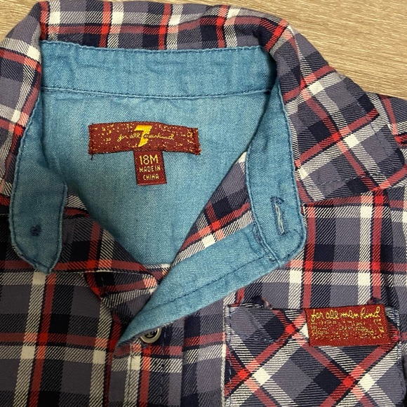 7 For All Mankind 2 piece set plaid short sleeve button shirt and jeans - Picture 2 of 8